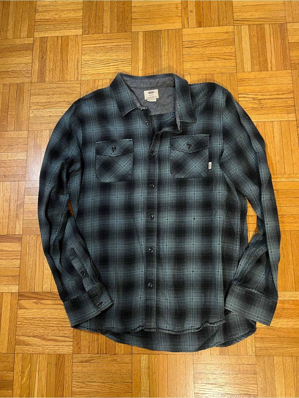 90s Skater Grunge Vans Black & Teal Plaid Button-Down Shirt size medium
